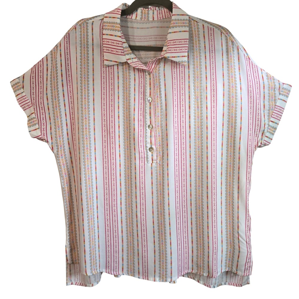 Cupshe Womens L Bright Light Multi Color Geometric Stripe Rayon Blouse White